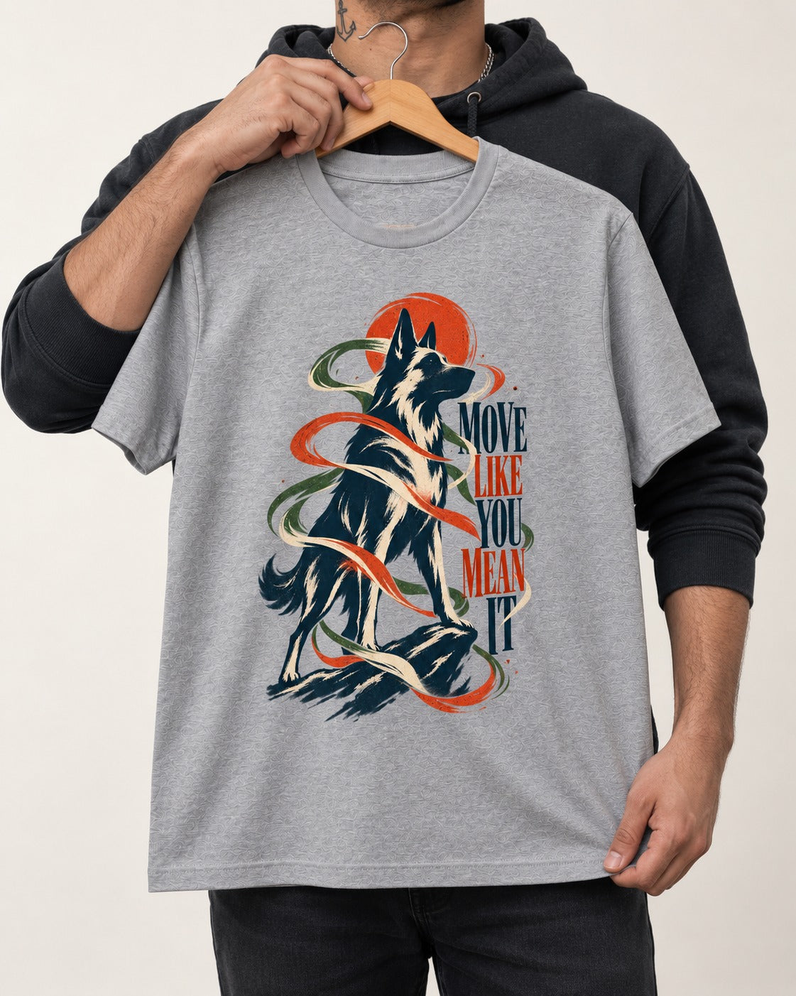 German Shepherd Dog Mean It T-Shirt in Sport Grey, held up on a hanger