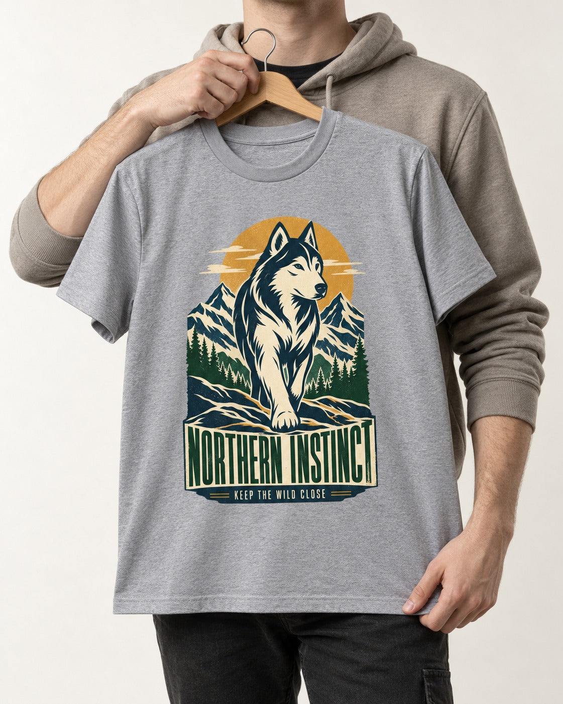 Husky Northern Instinct Mountain Sentinel T-Shirt in Sport Grey, held up on a hanger