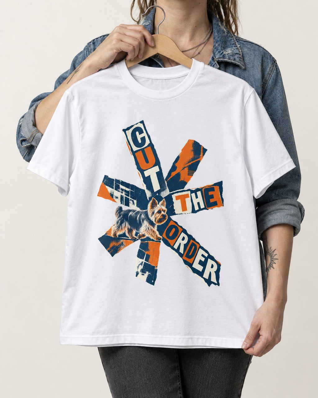 Yorkshire Terrier Cut the Order Radial Collage Graphic T-Shirt in White, held up on a hanger