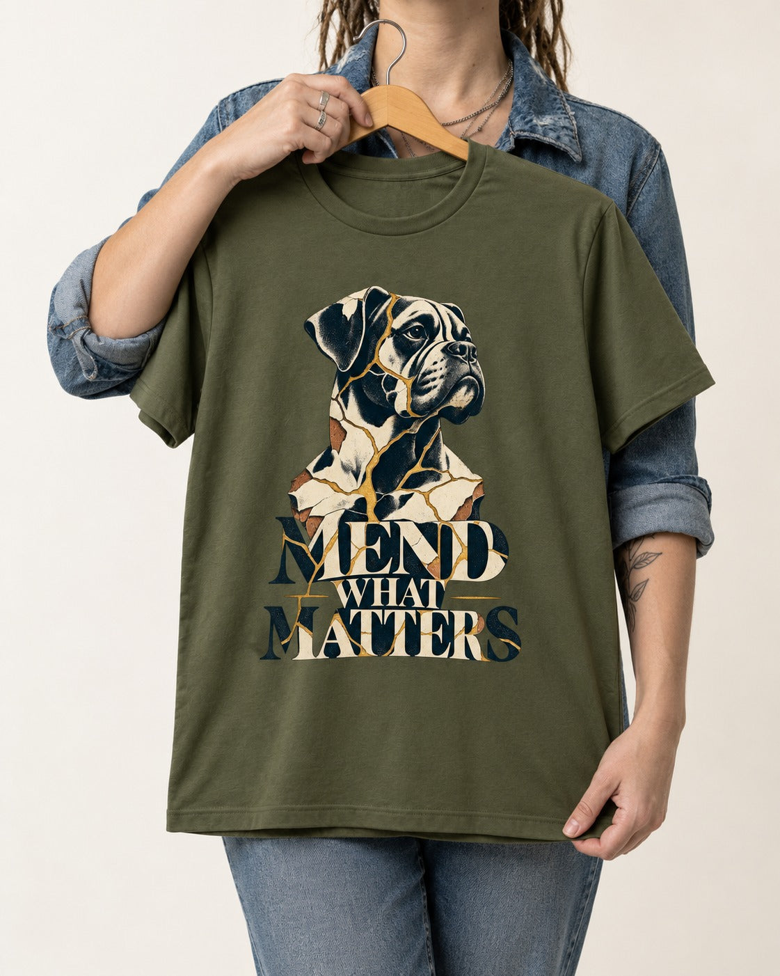 Mend What Matters Boxer Kintsugi Portrait T-Shirt in Heather Military Green, held up on a hanger