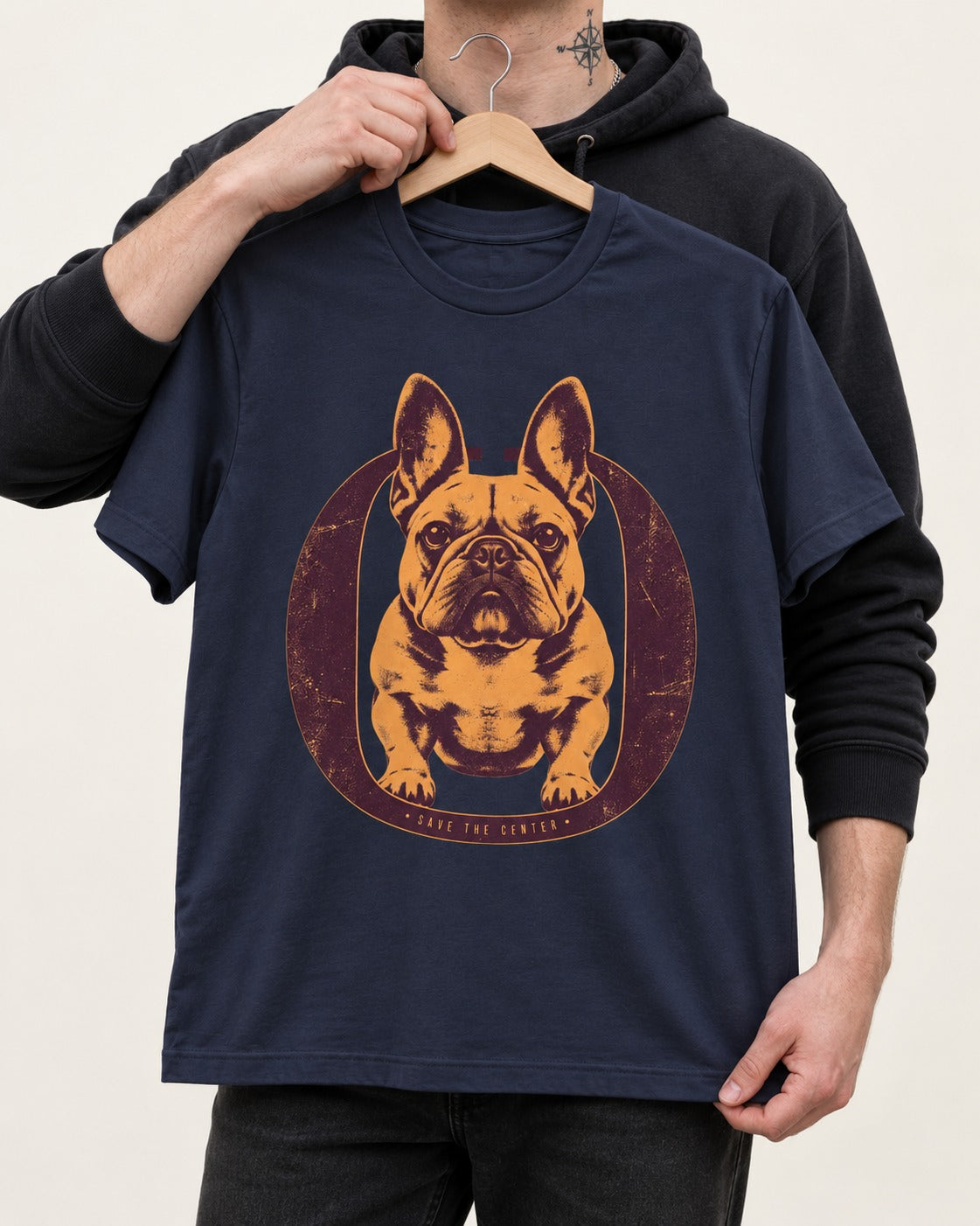 Frenchie Save the Center Oval Portrait Graphic T-Shirt in Navy, held up on a hanger