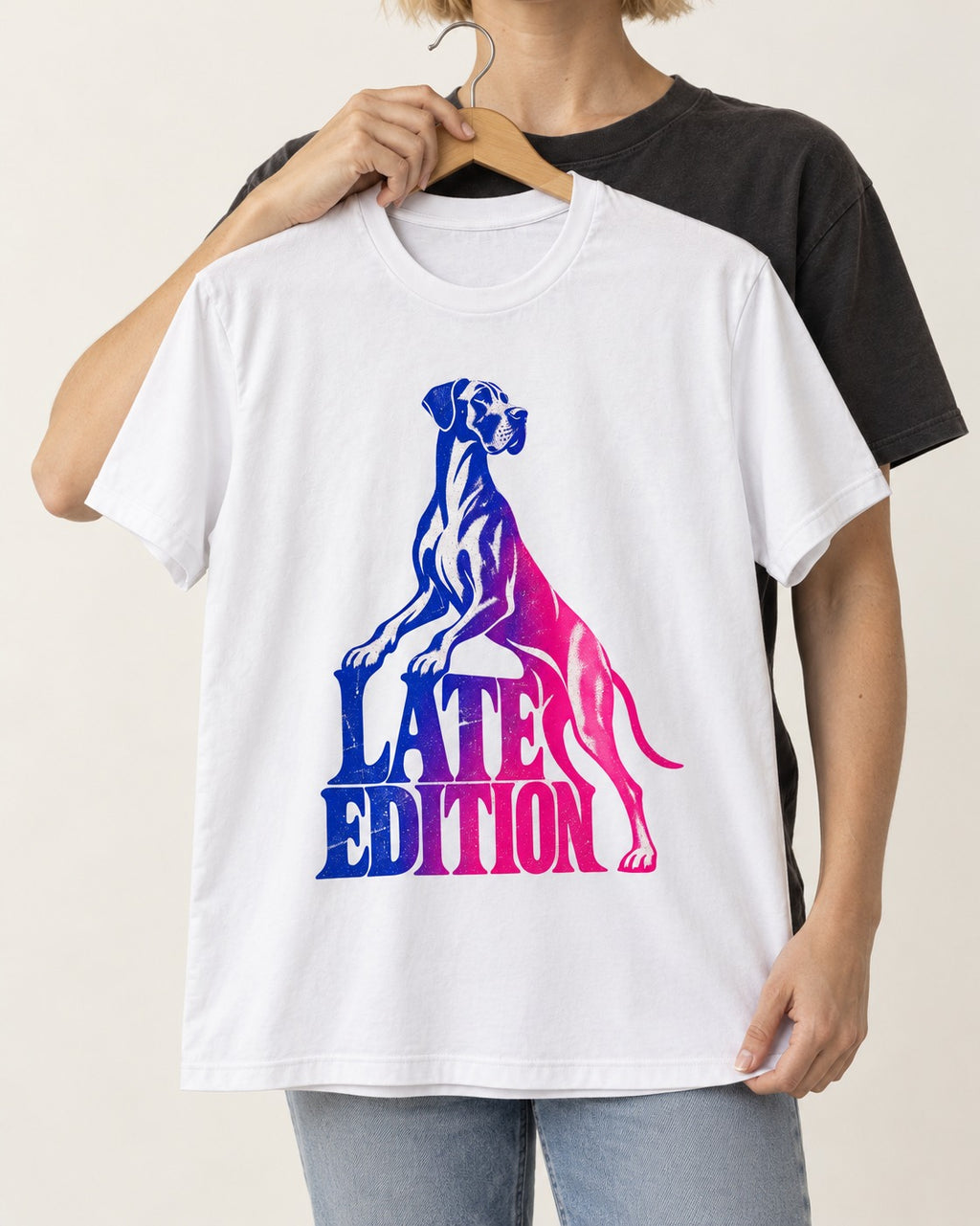 Great Dane Latest Edition Gradient Graphic T-Shirt in White, held up on a hanger