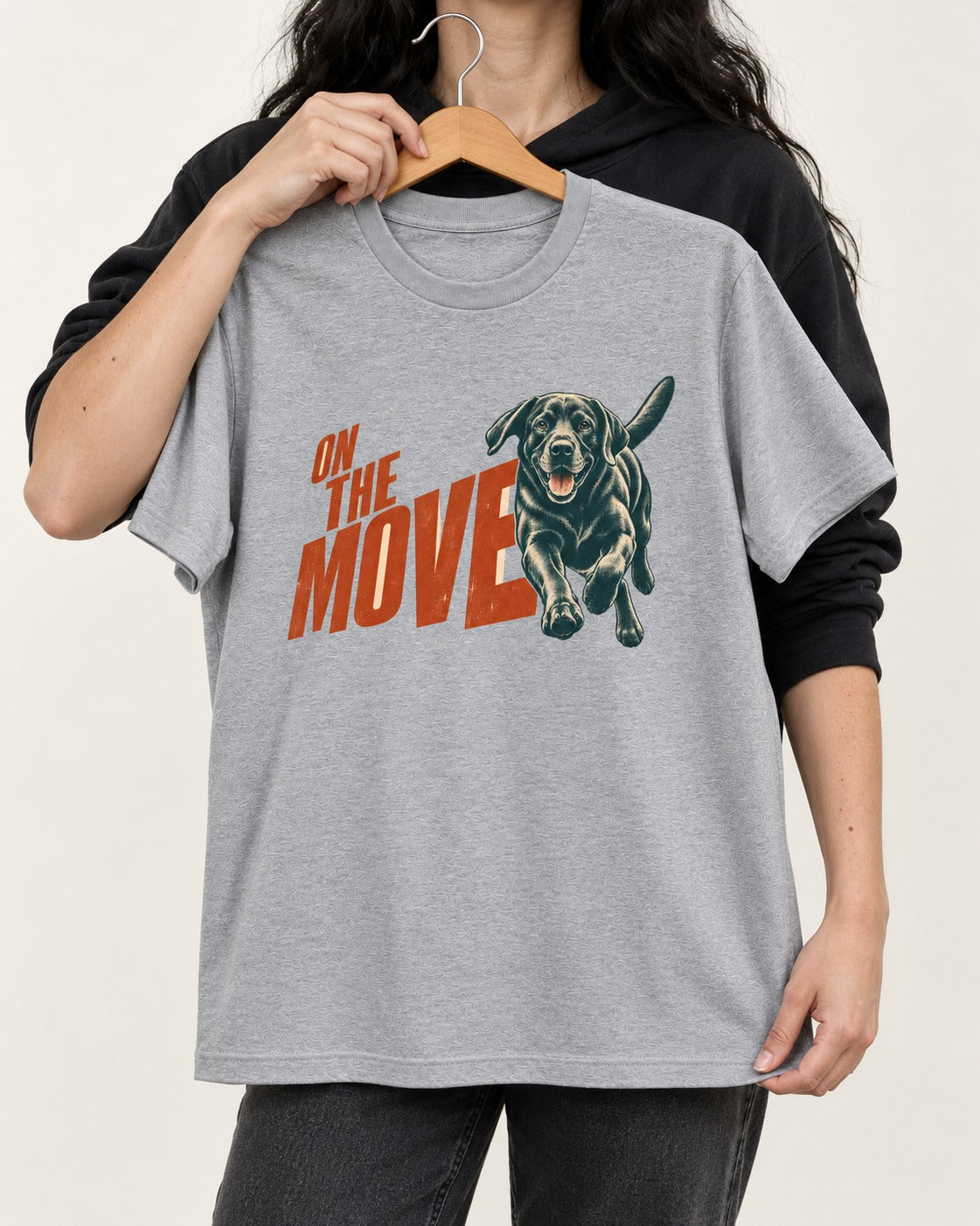 Labrador Retriever On the Move Running Graphic T-Shirt in Sport Grey, held up on a hanger