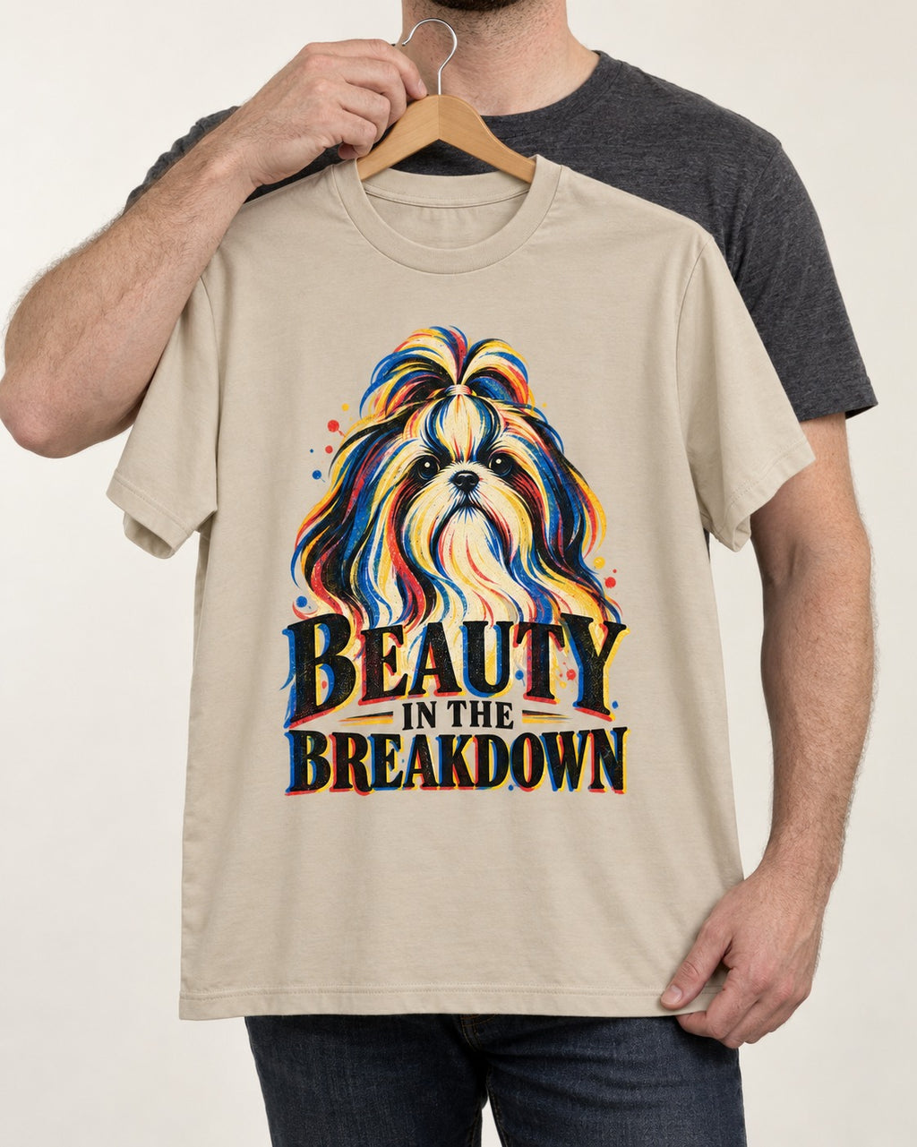 Shih Tzu Beauty in the Breakdown T-Shirt in Sand, held up on a hanger