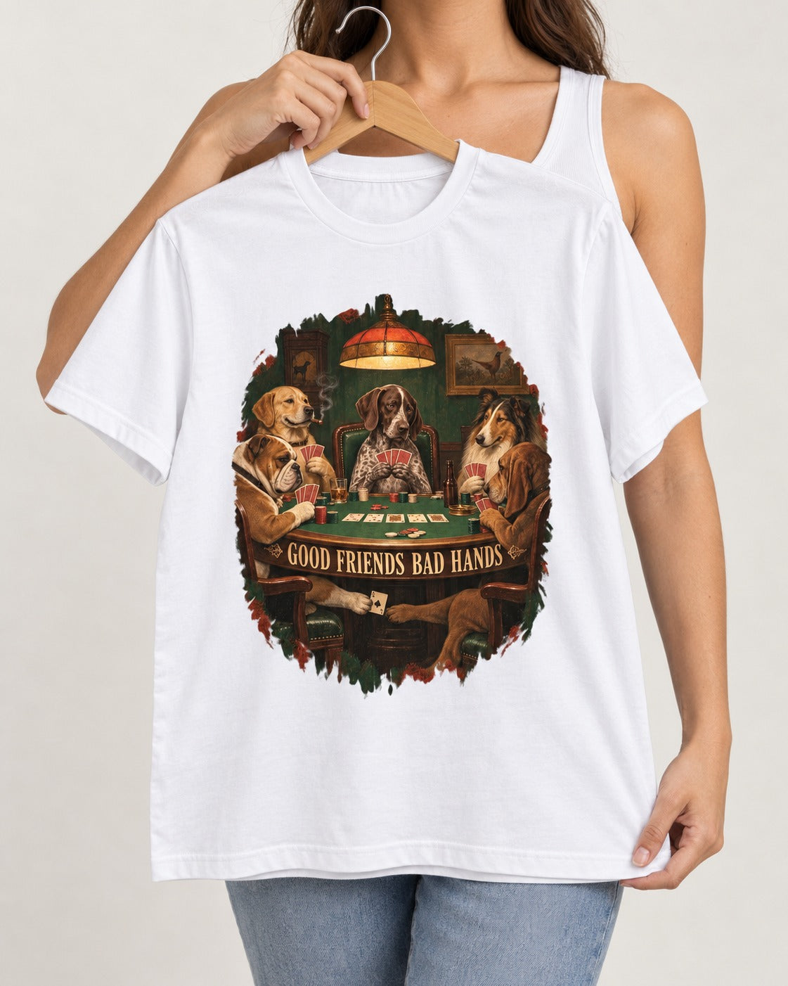 German Shorthaired Pointer Good Friends Bad Hands Poker Night Graphic T-Shirt in White, held up on a hanger