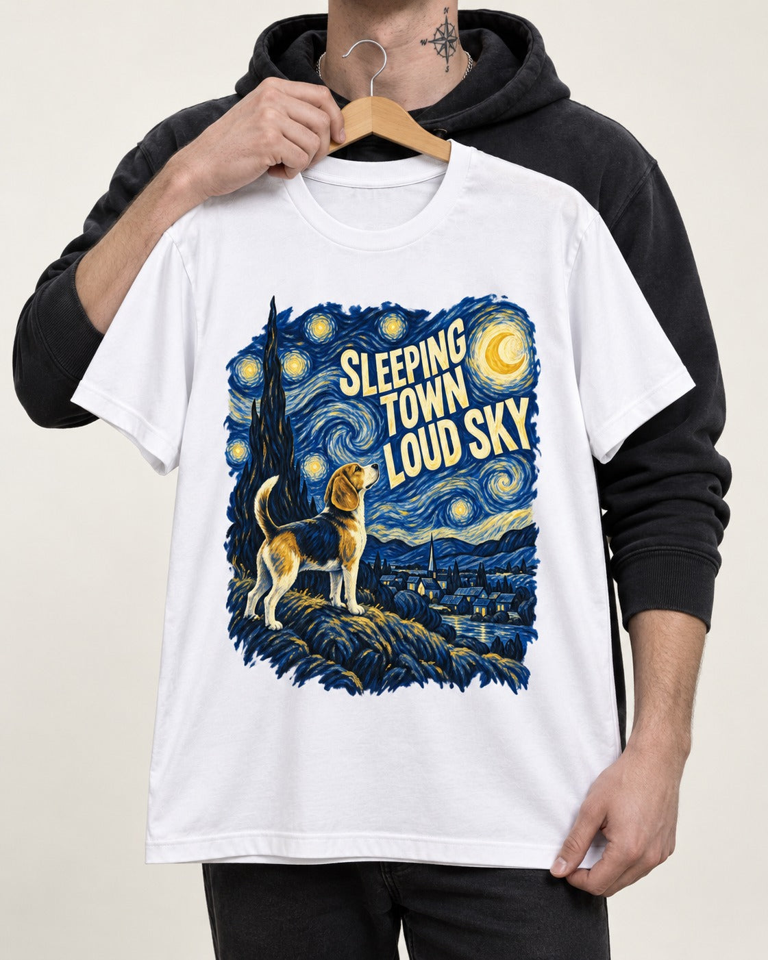 Sleeping Town Loud Sky Beagle Nightscape T-Shirt in White, held up on a hanger