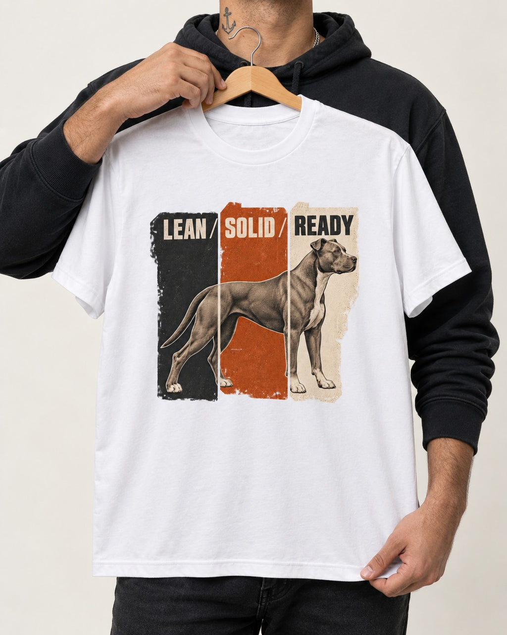 Pitbull Lean Solid Ready Triptych Graphic T-Shirt in White, held up on a hanger
