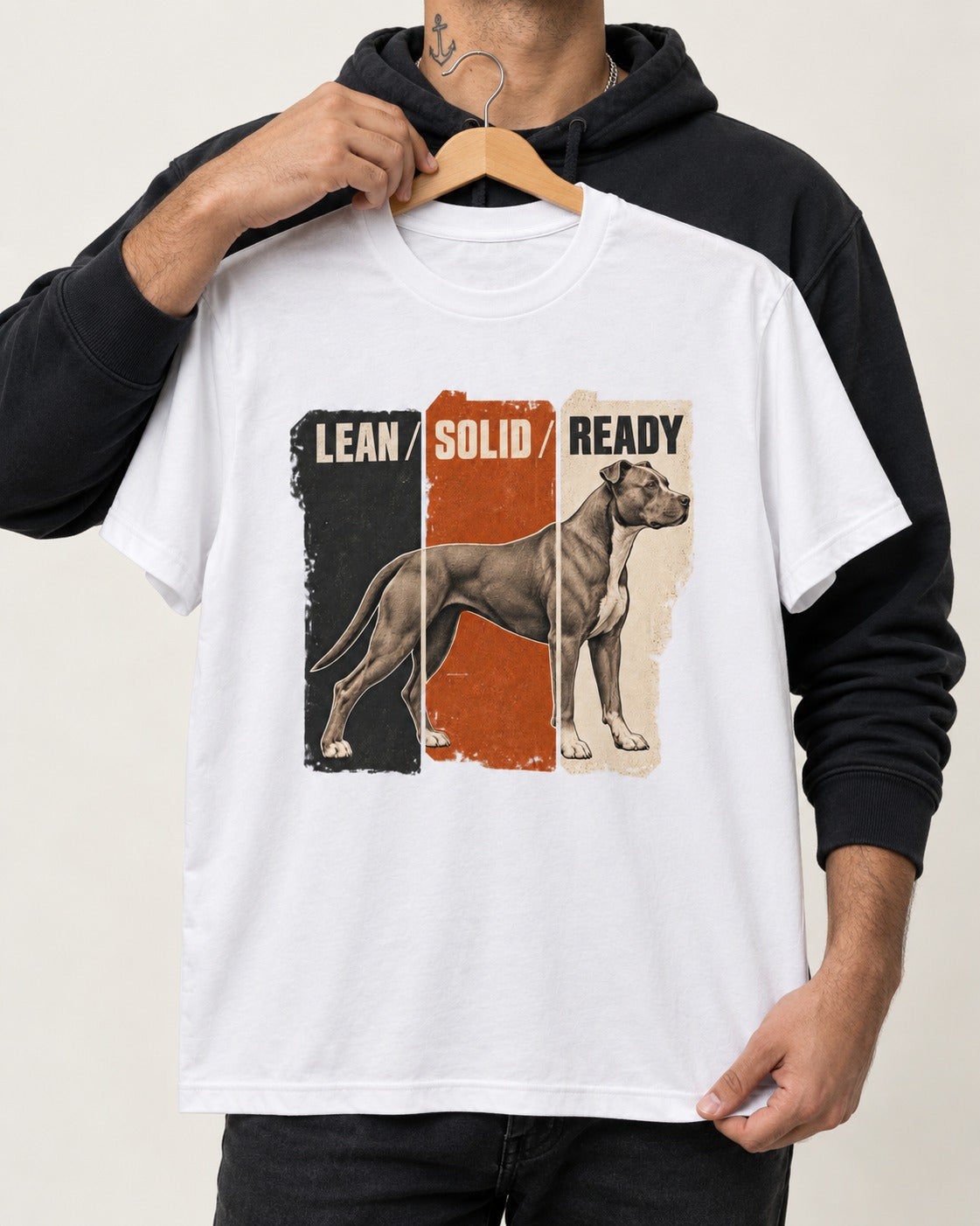 Pitbull Lean Solid Ready Triptych Graphic T-Shirt in White, held up on a hanger