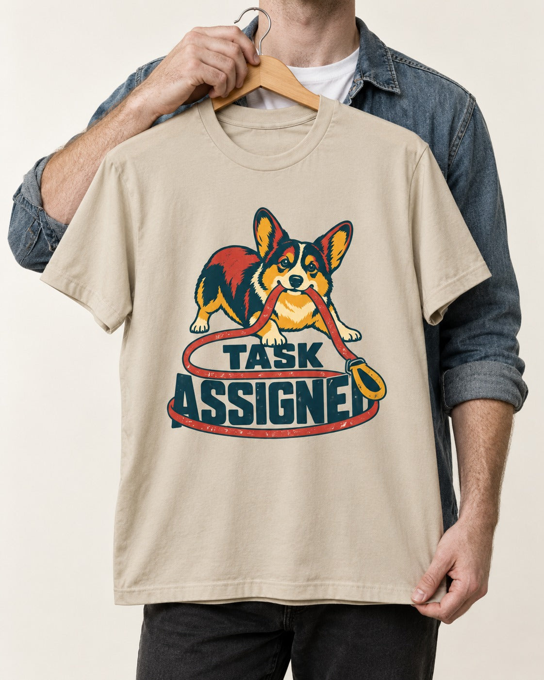 Corgi Task Assigned T-Shirt in Sand, held up on a hanger