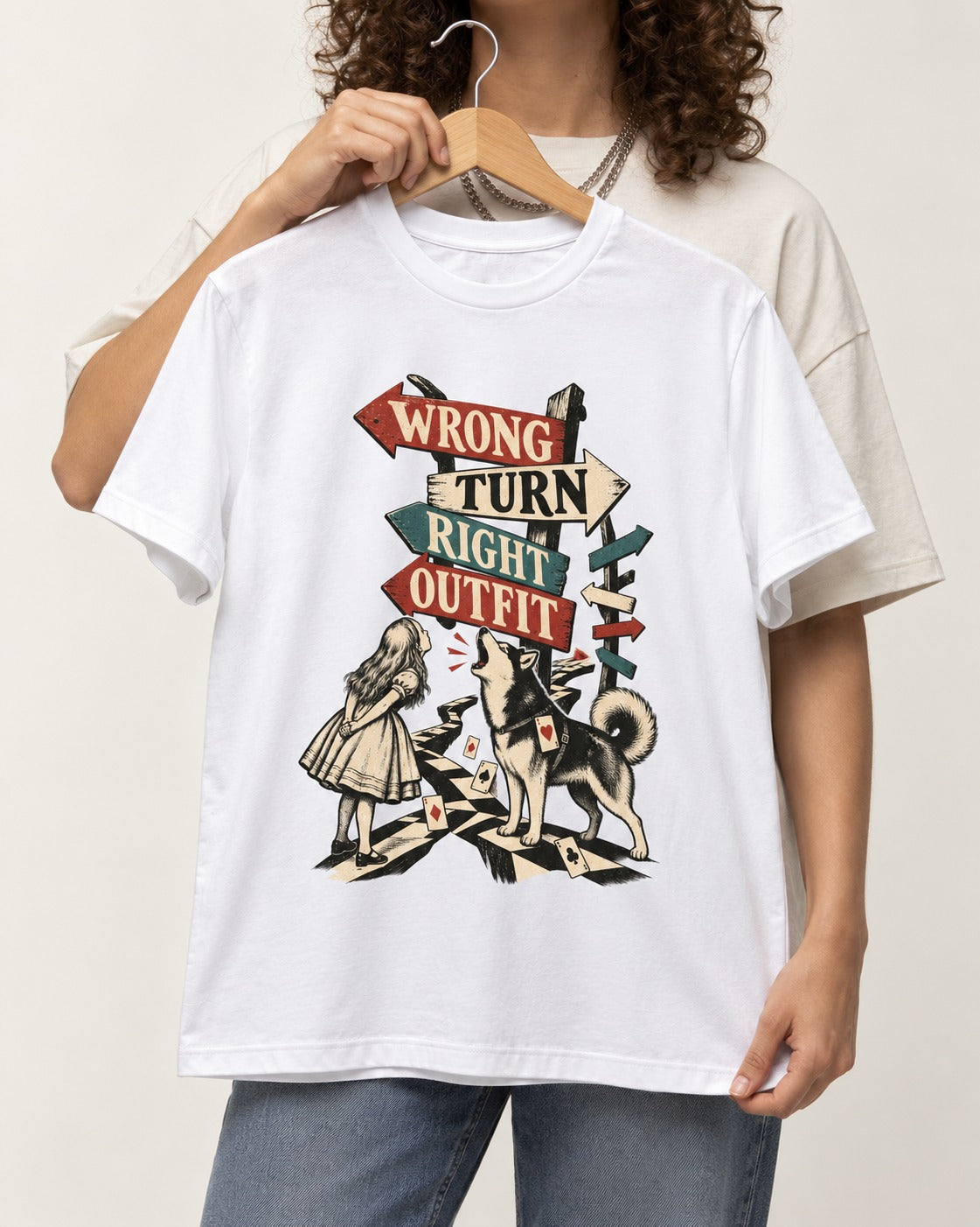 Husky Wrong Turn Right Outfit Wonderland Signpost Graphic T-Shirt in White, held up on a hanger