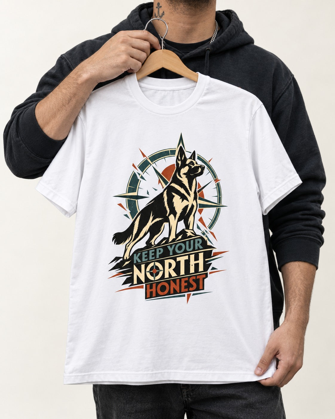Keep Your North Honest Compass German Shepherd Dog Graphic T-Shirt in White, held up on a hanger