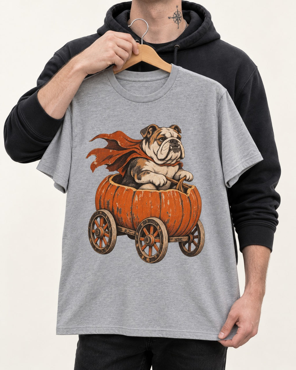 English Bulldog Midnight Magic T-Shirt in Sport Grey, held up on a hanger