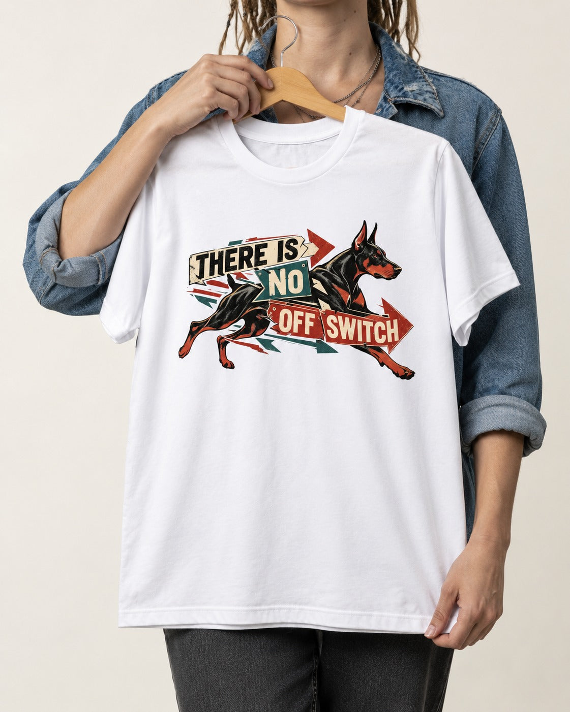 Doberman There Is No Off Switch Arrow Sprint Graphic T-Shirt in White, held up on a hanger