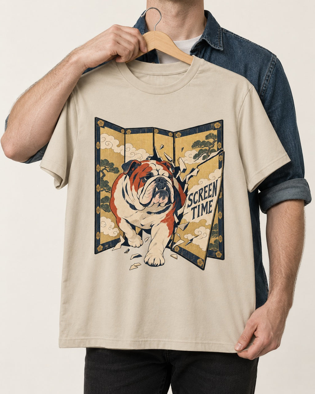 English Bulldog Screen Time T-Shirt in Sand, held up on a hanger