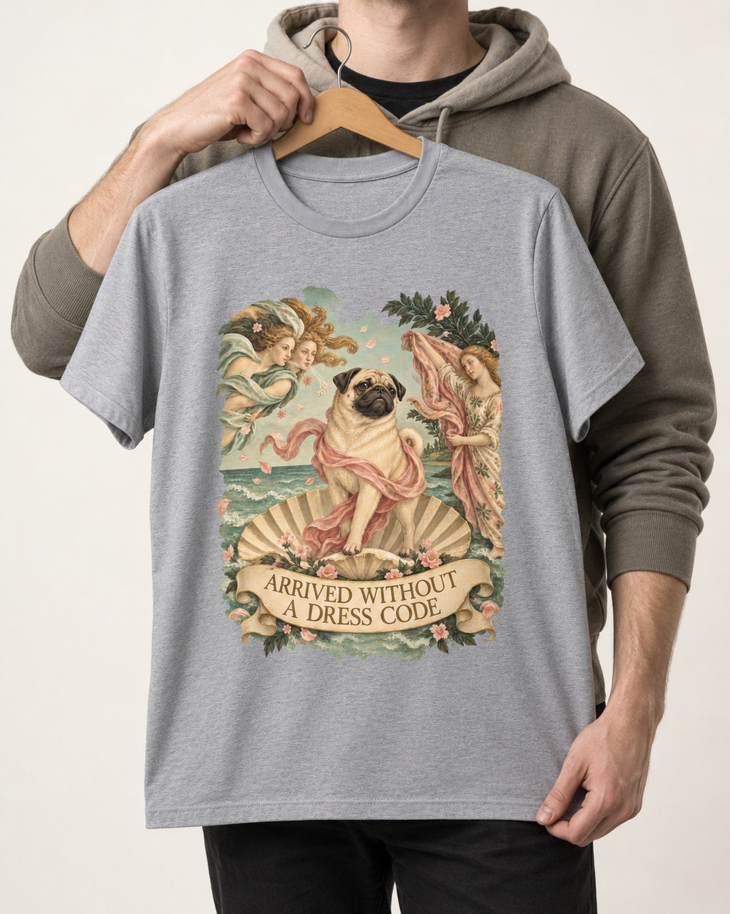 Pug Arrived Without a Dress Code Venus Parody Graphic T-Shirt in Sport Grey, held up on a hanger