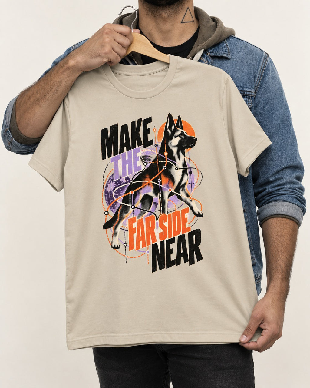 German Shepherd Dog Far Side Near T-Shirt in Sand, held up on a hanger