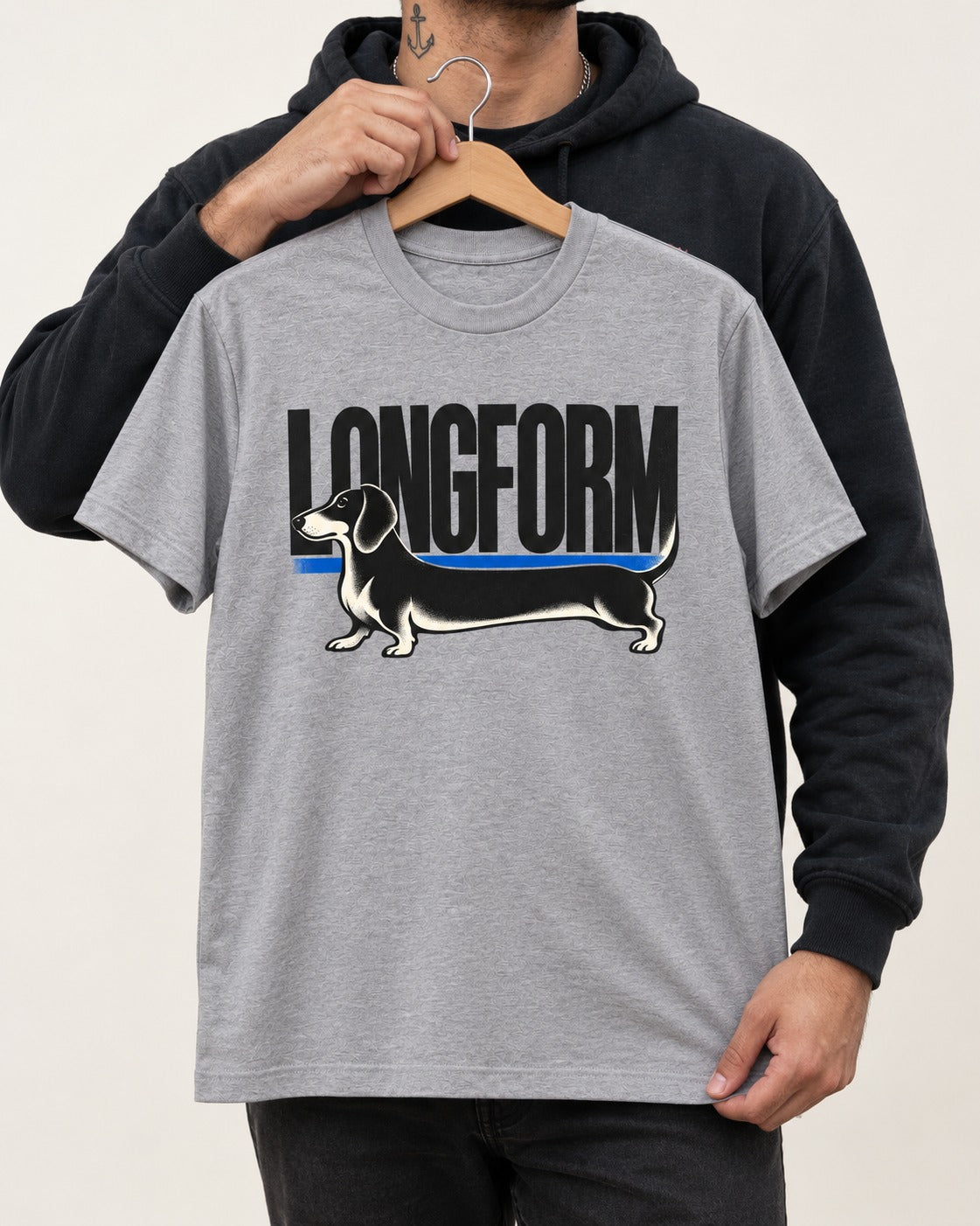 Longform Dachshund T-Shirt in Sport Grey, held up on a hanger