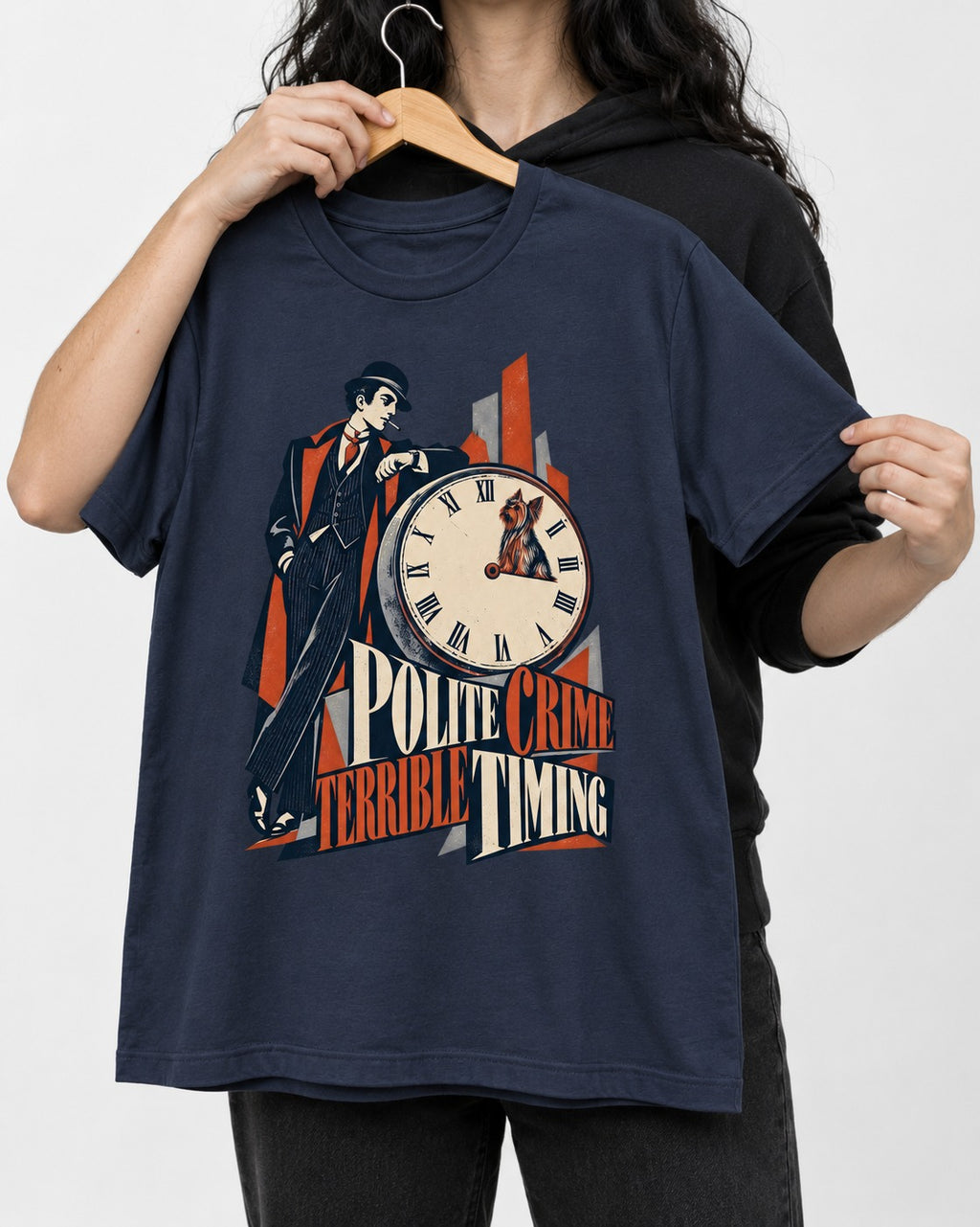 Yorkshire Terrier Polite Crime Terrible Timing Art Deco Clock Graphic T-Shirt in Navy, held up on a hanger