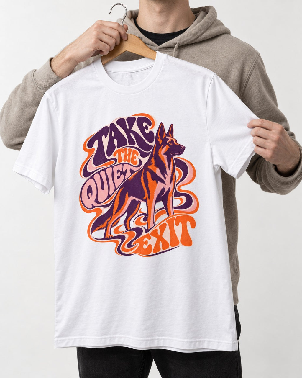 Take The Quiet Exit Psychedelic German Shepherd Dog Graphic T-Shirt in White, held up on a hanger