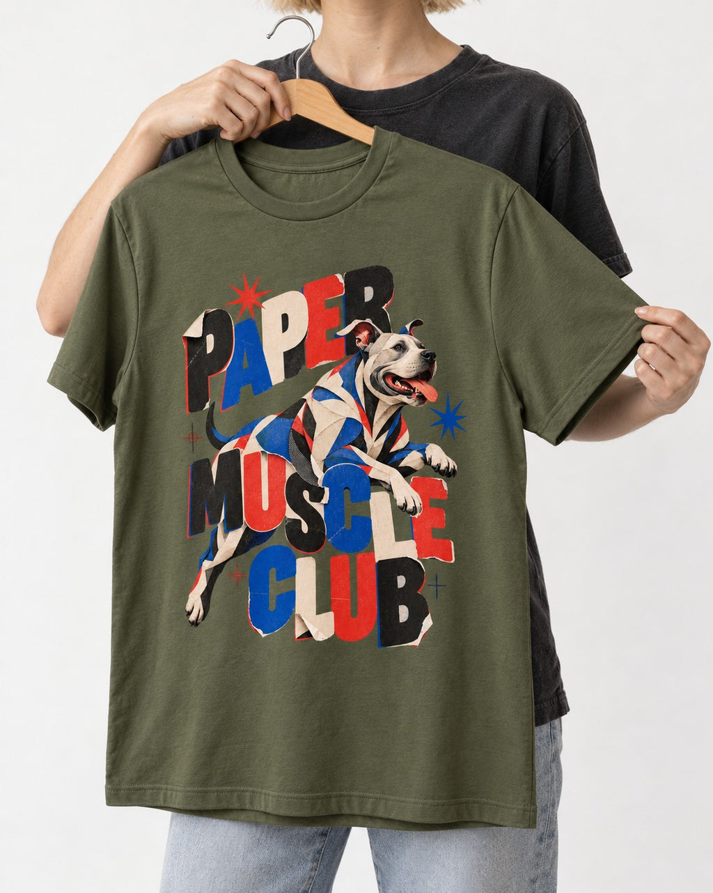 Pitbull Paper Muscle Club Collage Graphic T-Shirt in Heather Military Green, held up on a hanger