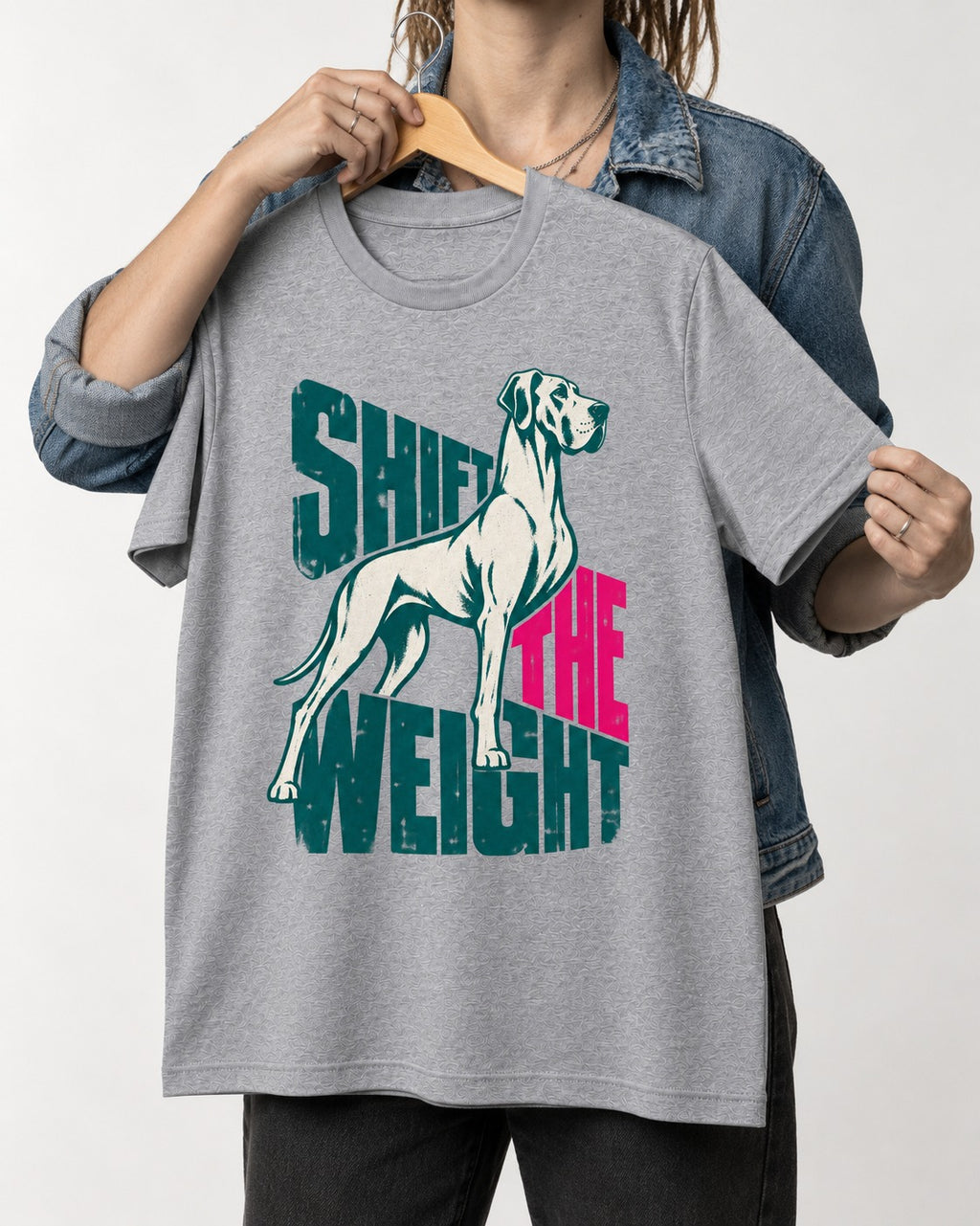 Great Dane Shift the Weight Standing Graphic T-Shirt in Sport Grey, held up on a hanger