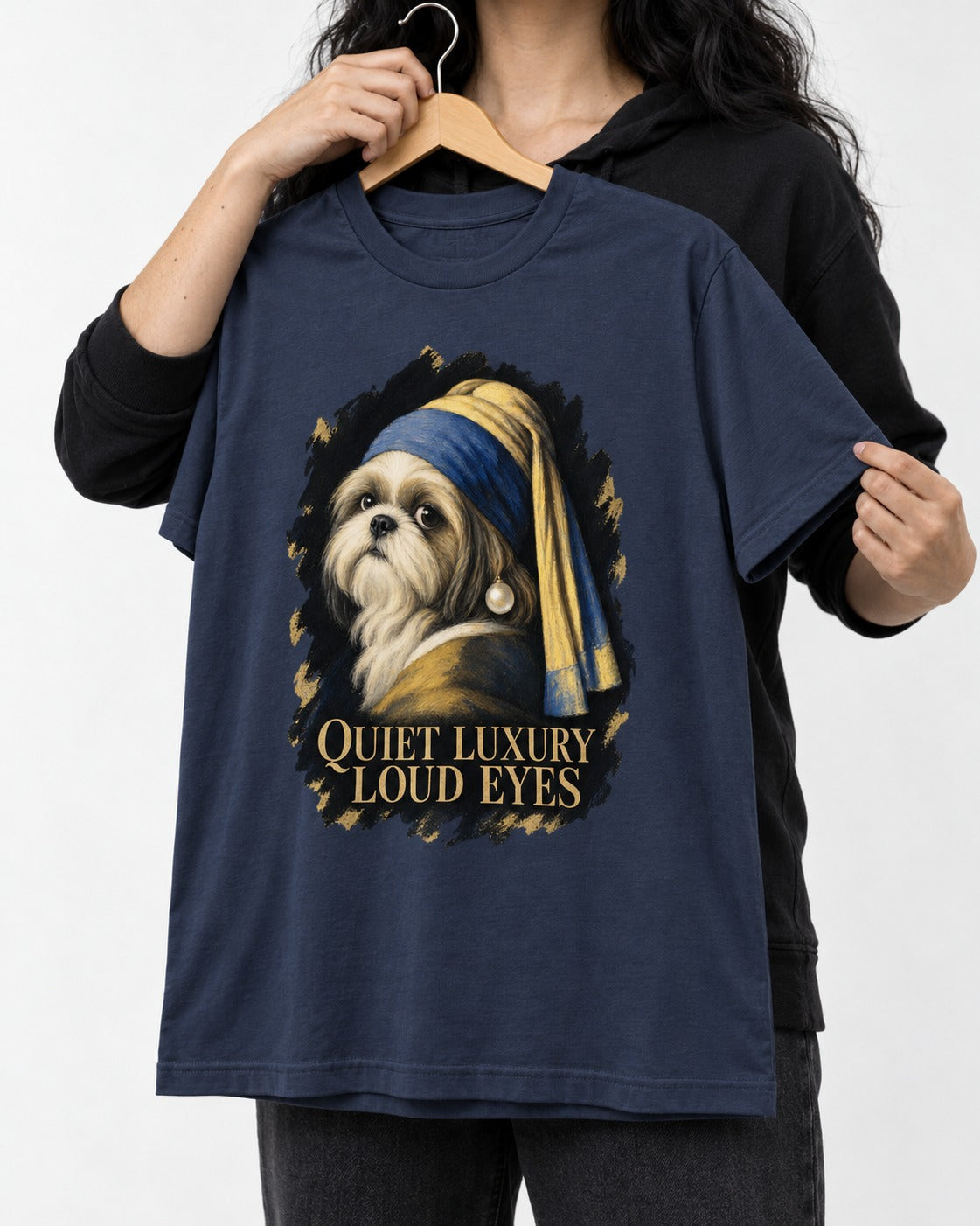 Shih Tzu Quiet Luxury Loud Eyes Pearl Portrait Graphic T-Shirt in Navy, held up on a hanger