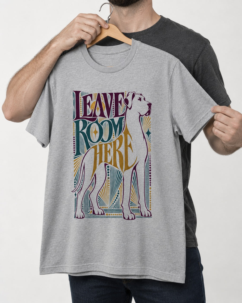 Leave Room for Great Dane T-Shirt in Sport Grey, held up on a hanger