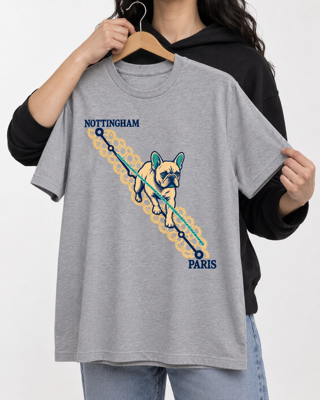 Nottingham to Paris Frenchie T-Shirt in Sport Grey, held up on a hanger