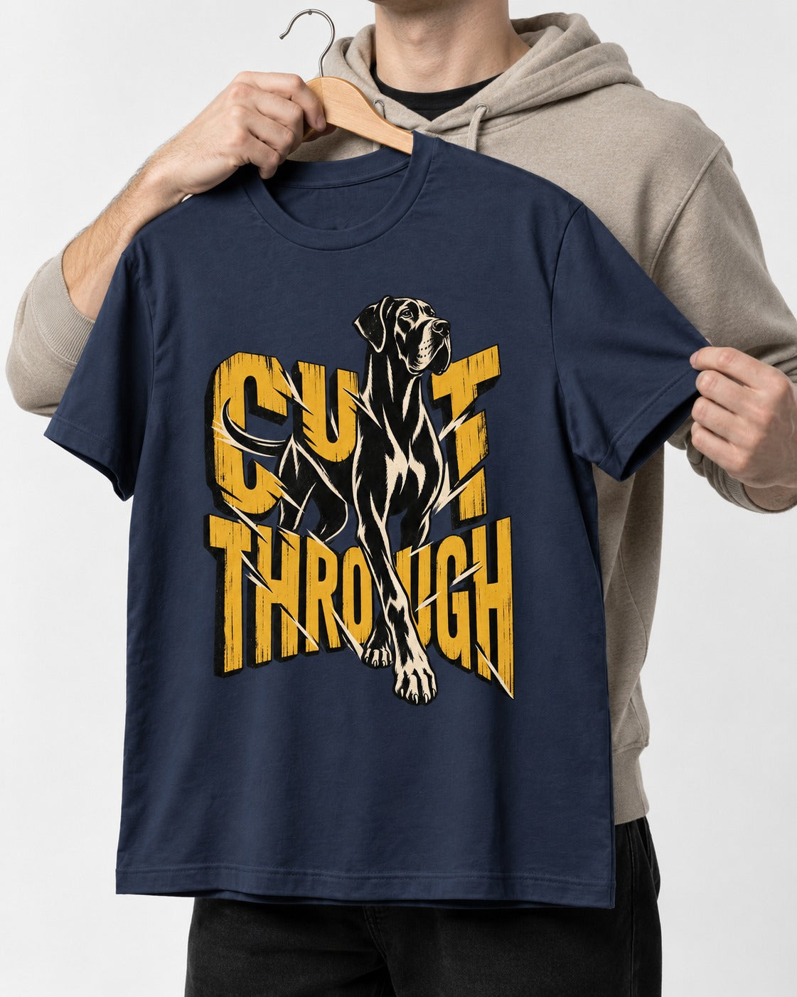 Great Dane Cut Through Breaking Type Graphic T-Shirt in Navy, held up on a hanger