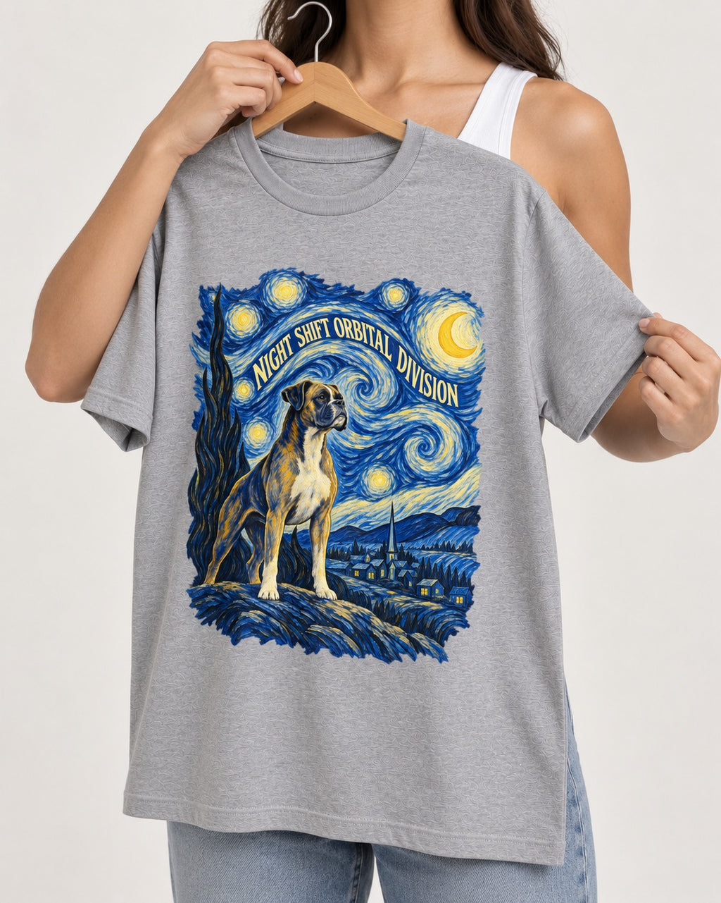 Night Shift Orbital Division Boxer Night Sky Graphic T-Shirt in Sport Grey, held up on a hanger