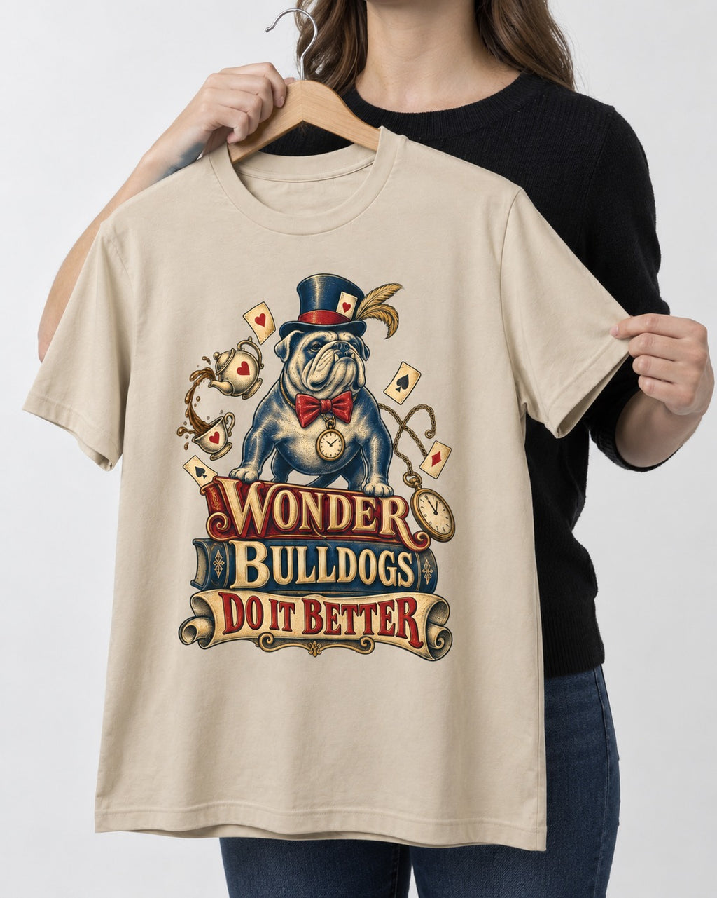 Wonder English Bulldog T-Shirt in Sand, held up on a hanger
