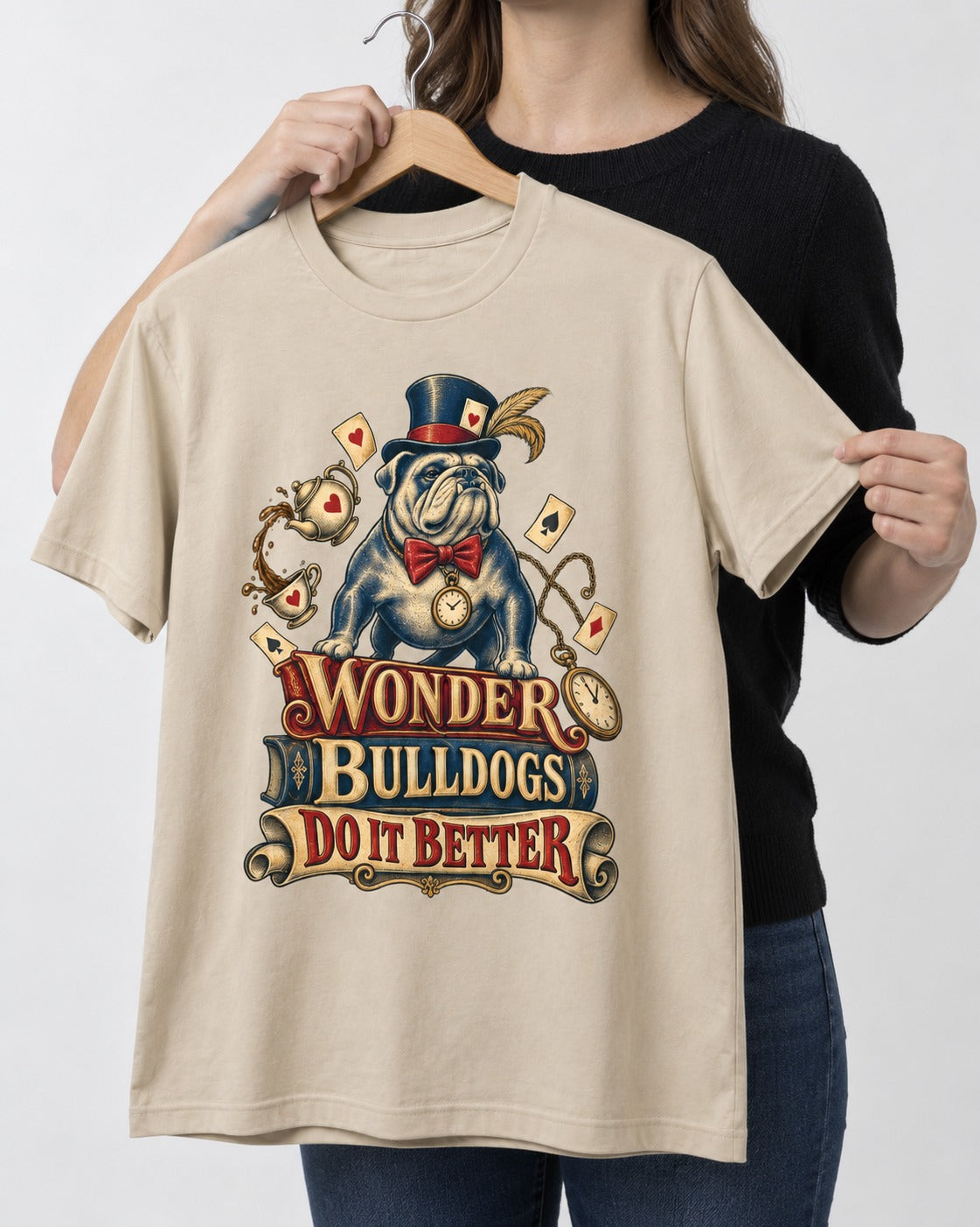 Wonder English Bulldog T-Shirt in Sand, held up on a hanger