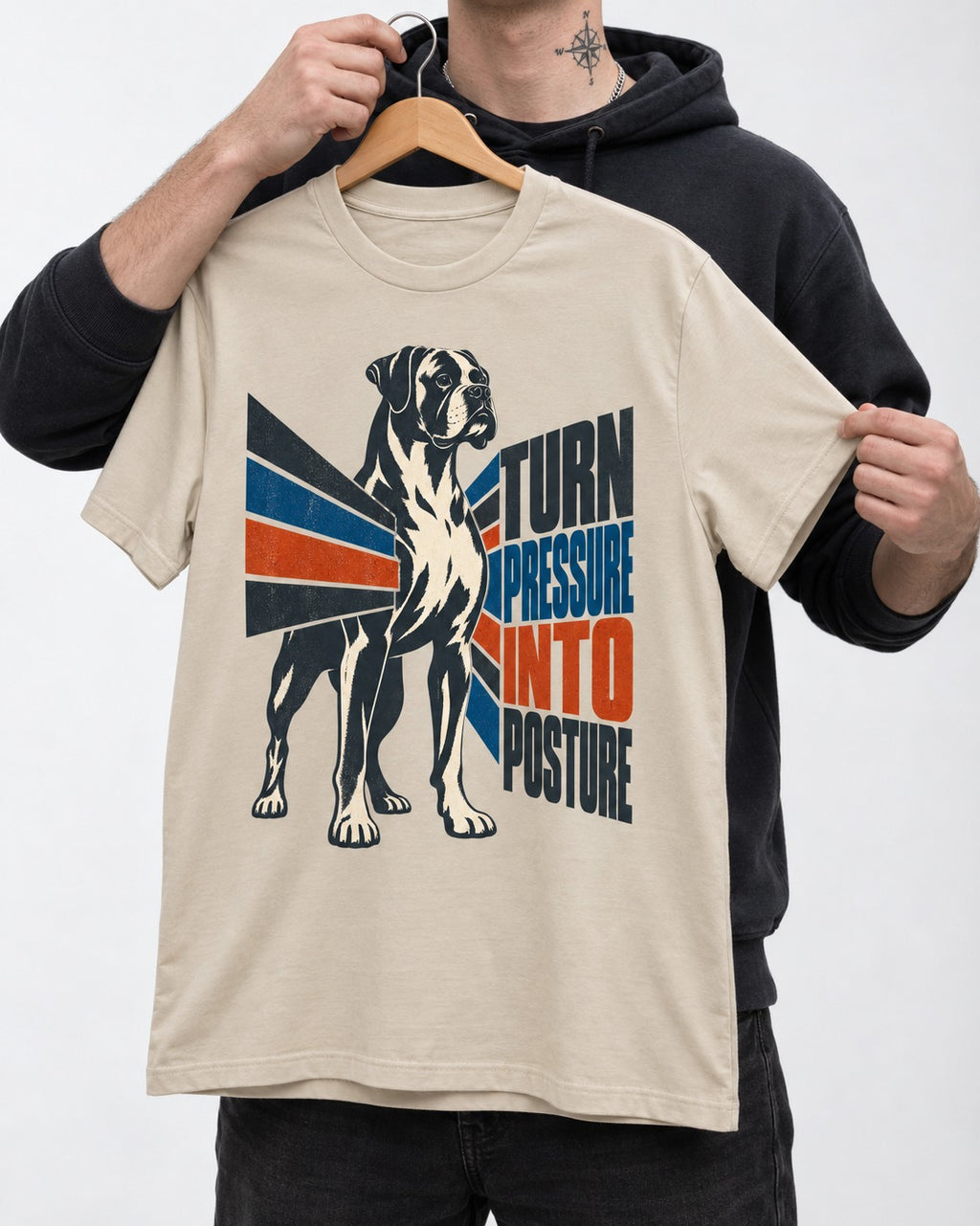 Boxer Turn Pressure Into Posture T-Shirt in Sand, held up on a hanger