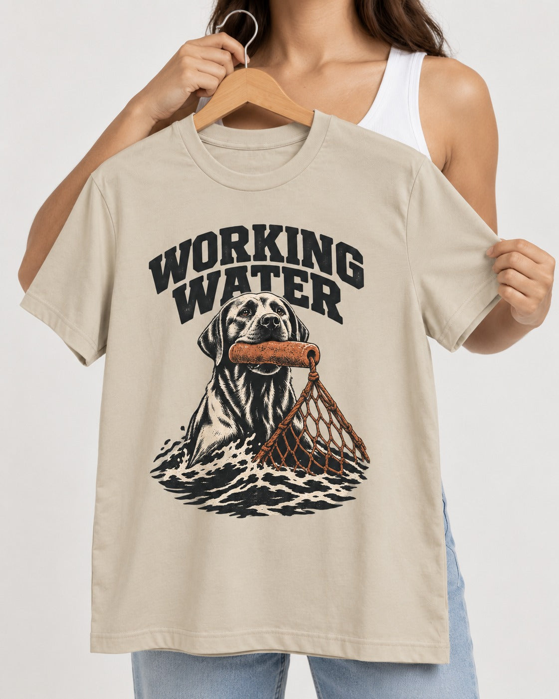 Working Water Labrador Retriever T-Shirt in Sand, held up on a hanger
