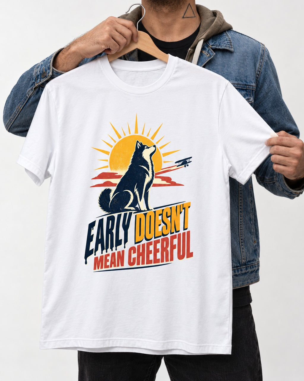 Husky Early Doesnt Mean Cheerful Sunrise Airplane Graphic T-Shirt in White, held up on a hanger