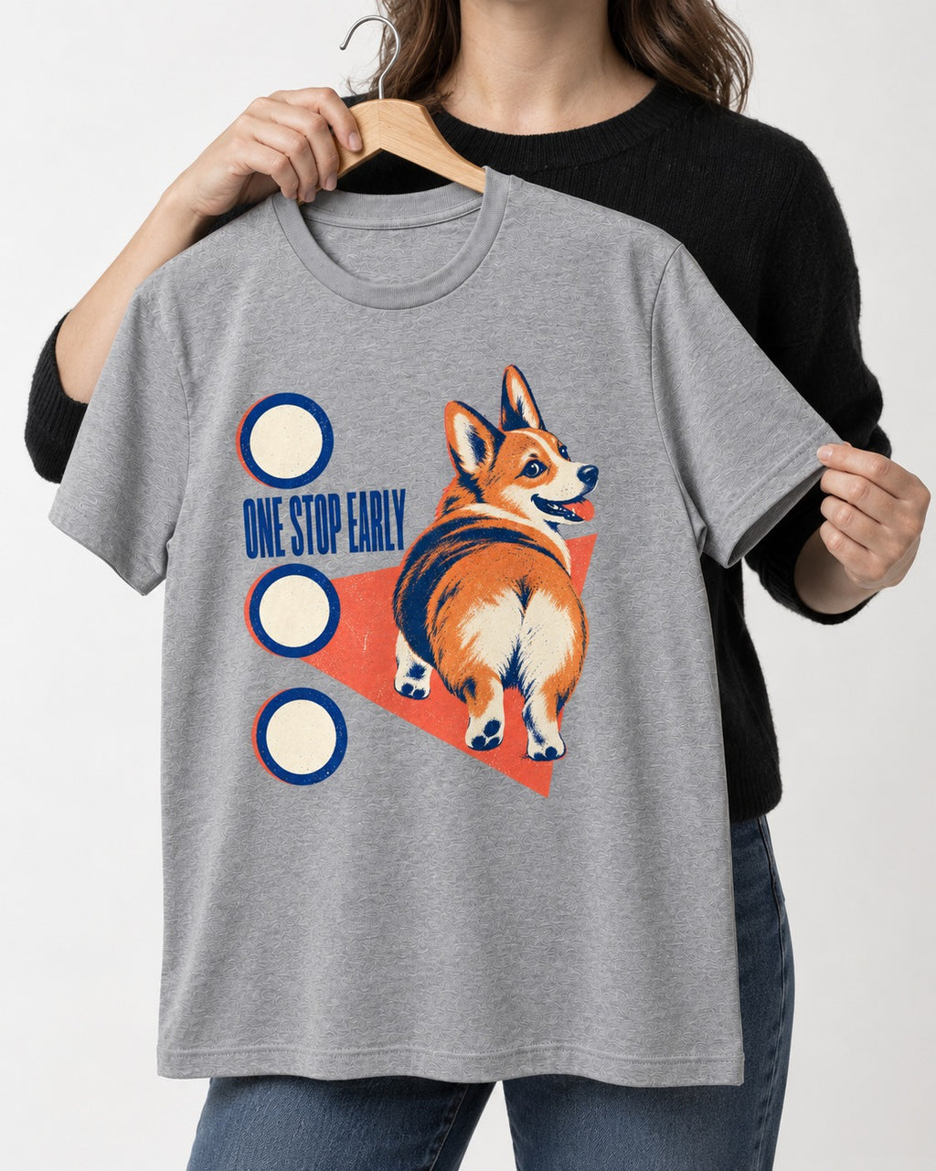 One Stop Early Corgi T-Shirt in Sport Grey, held up on a hanger