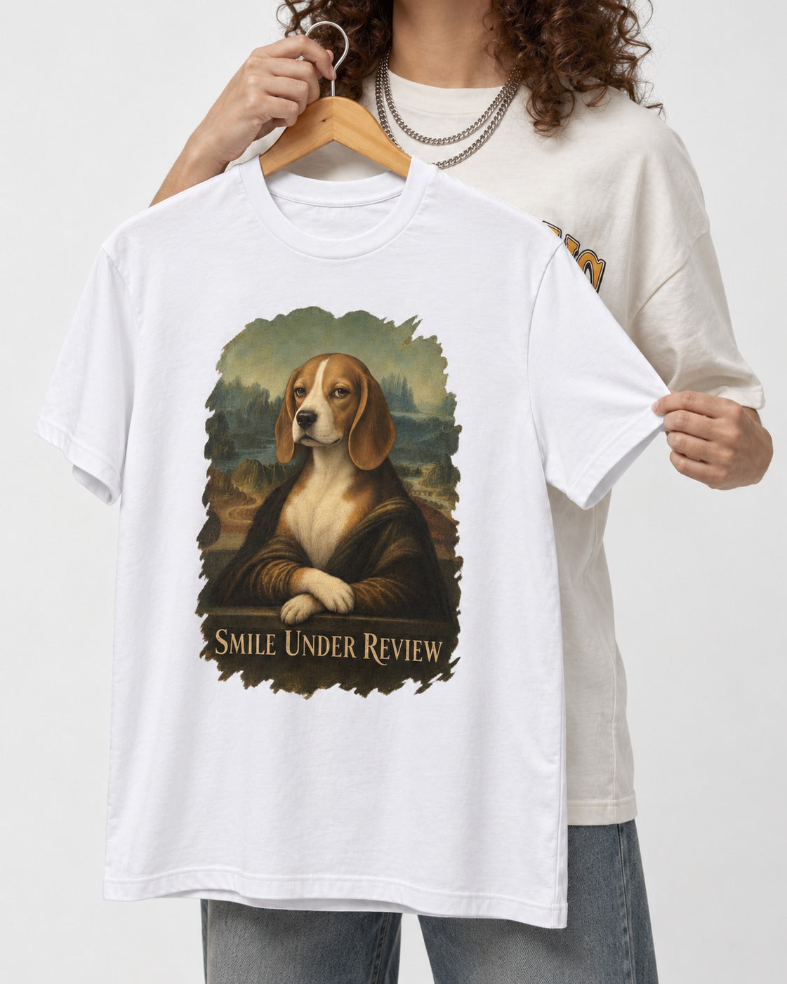 Smile Under Review Beagle Portrait T-Shirt in White, held up on a hanger
