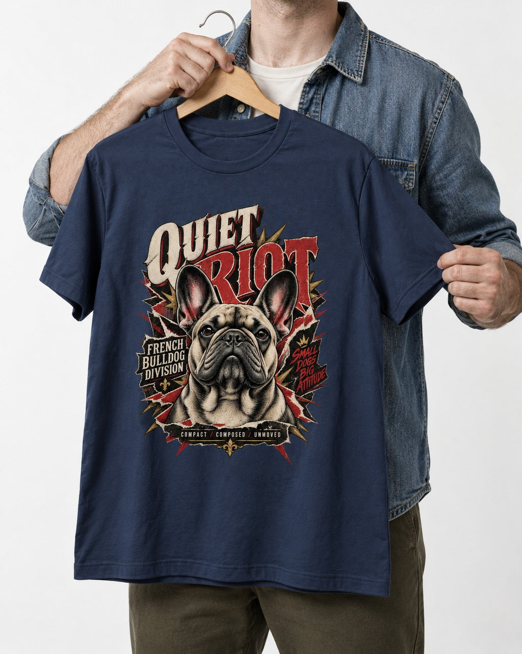 Frenchie Quiet Riot Division Emblem T-Shirt in Navy, held up on a hanger