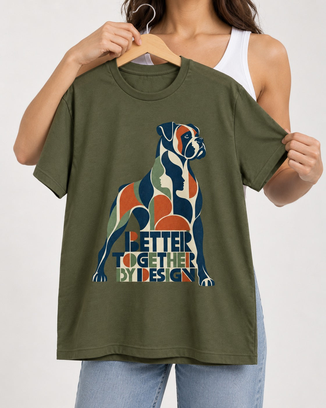 Better Together By Design Boxer Geometric Mosaic T-Shirt in Heather Military Green, held up on a hanger