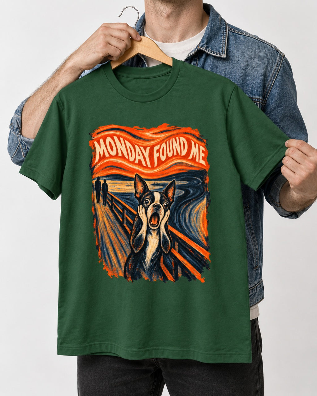 Monday Found Me Boston Terrier Scream Graphic T-Shirt in Forest Green, held up on a hanger