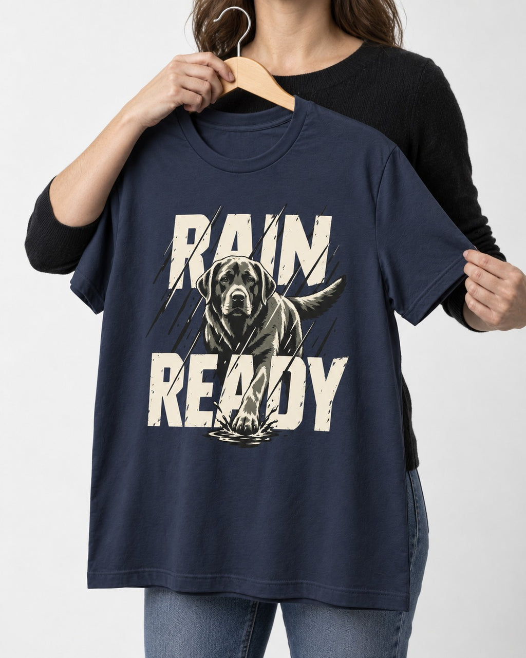 Labrador Retriever Rain Ready Charging Splash Graphic T-Shirt in Navy, held up on a hanger