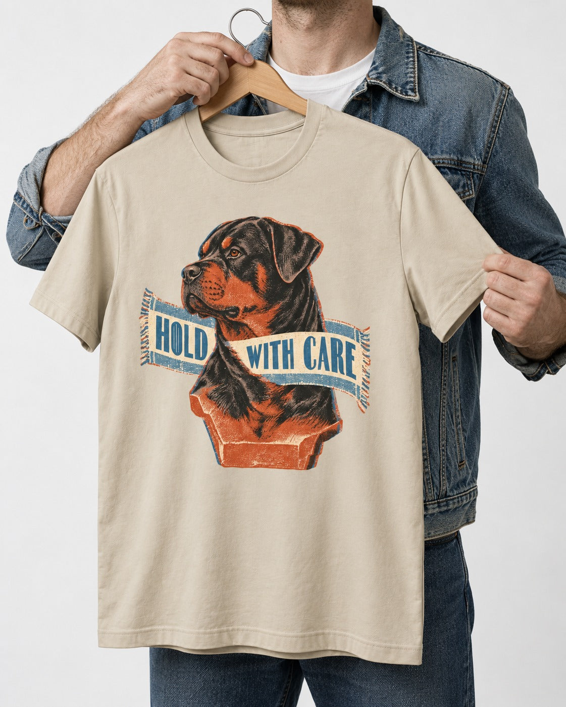 Rottweiler Hold with Care T-Shirt in Sand, held up on a hanger