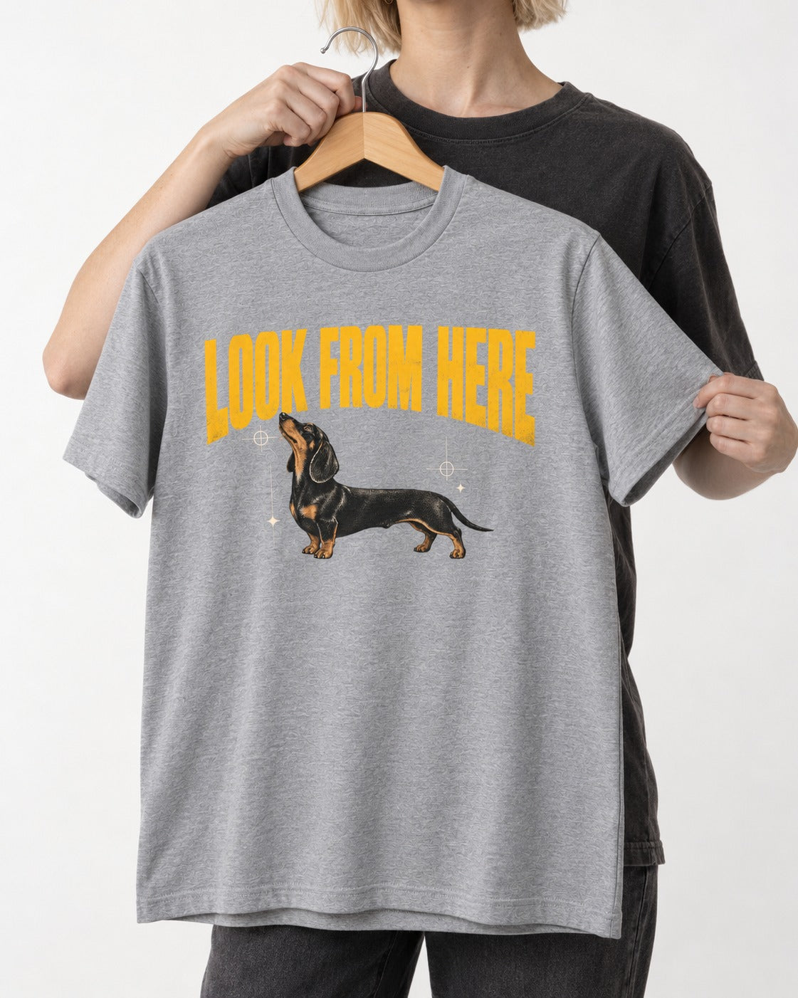 Dachshund Look From Here T-Shirt in Sport Grey, held up on a hanger