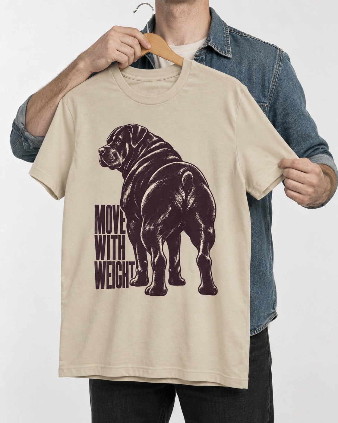 Rottweiler Moves with Weight T-Shirt in Sand, held up on a hanger