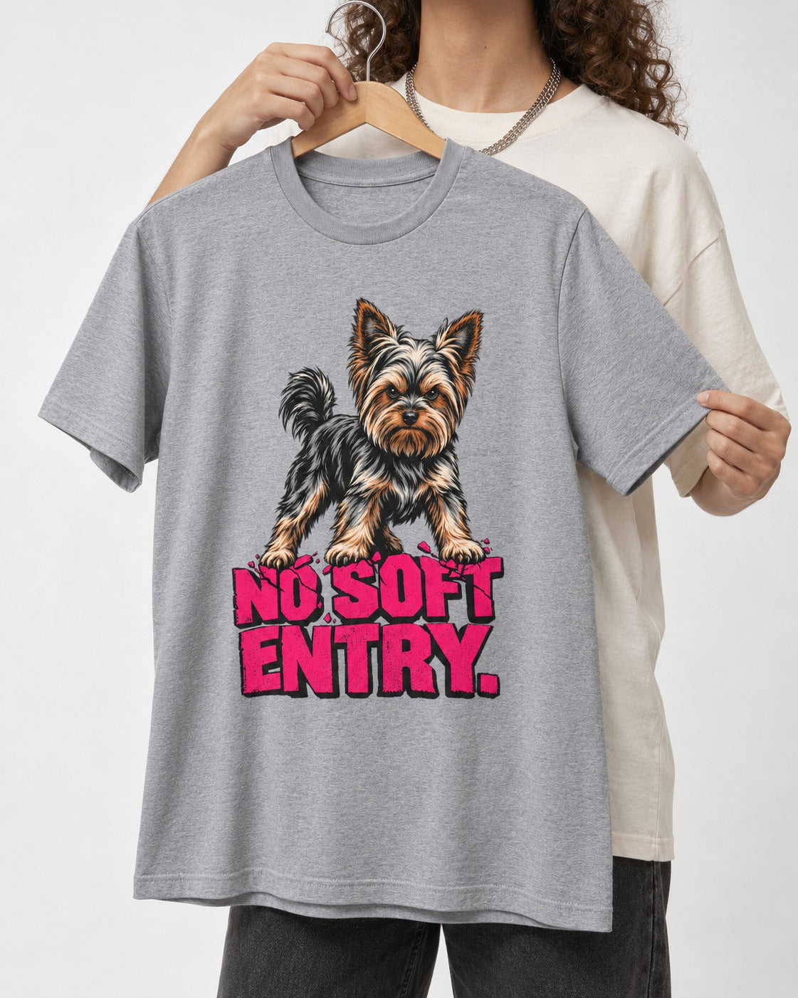 Yorkshire Terrier No Soft Entry Stance Graphic T-Shirt in Sport Grey, held up on a hanger