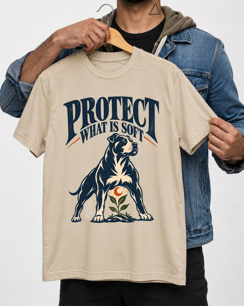 Protect What Is Soft Pitbull T-Shirt in Sand, held up on a hanger