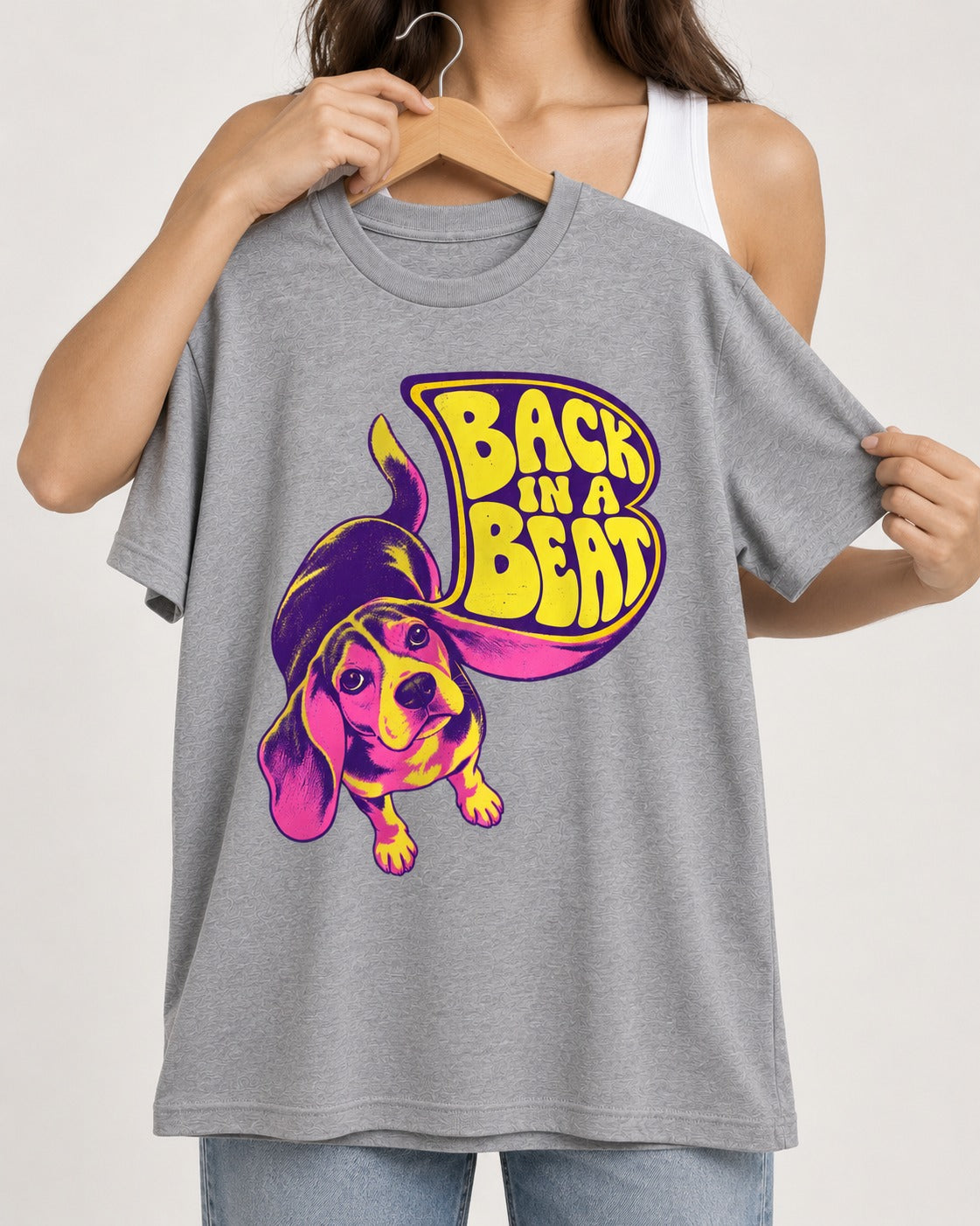 Groovy Beagle Back In A Beat T-Shirt in Sport Grey, held up on a hanger