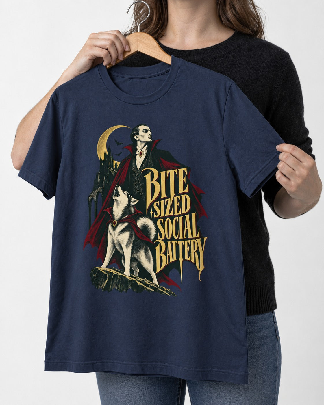 Husky Bite Sized Social Battery Vampire Graphic T-Shirt in Navy, held up on a hanger