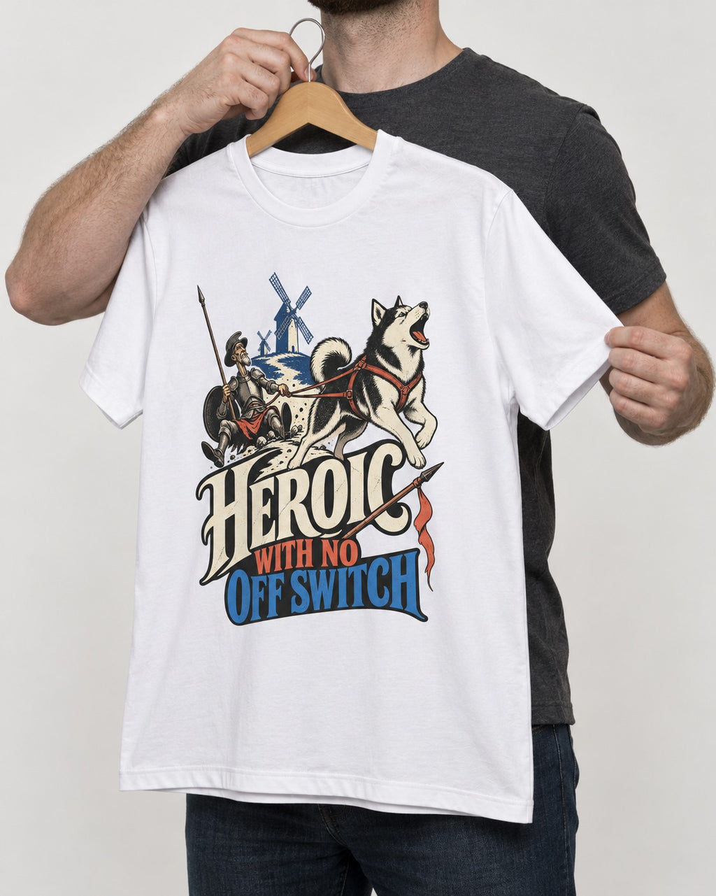 Husky Heroic with No Off Switch Don Quixote Graphic T-Shirt in White, held up on a hanger