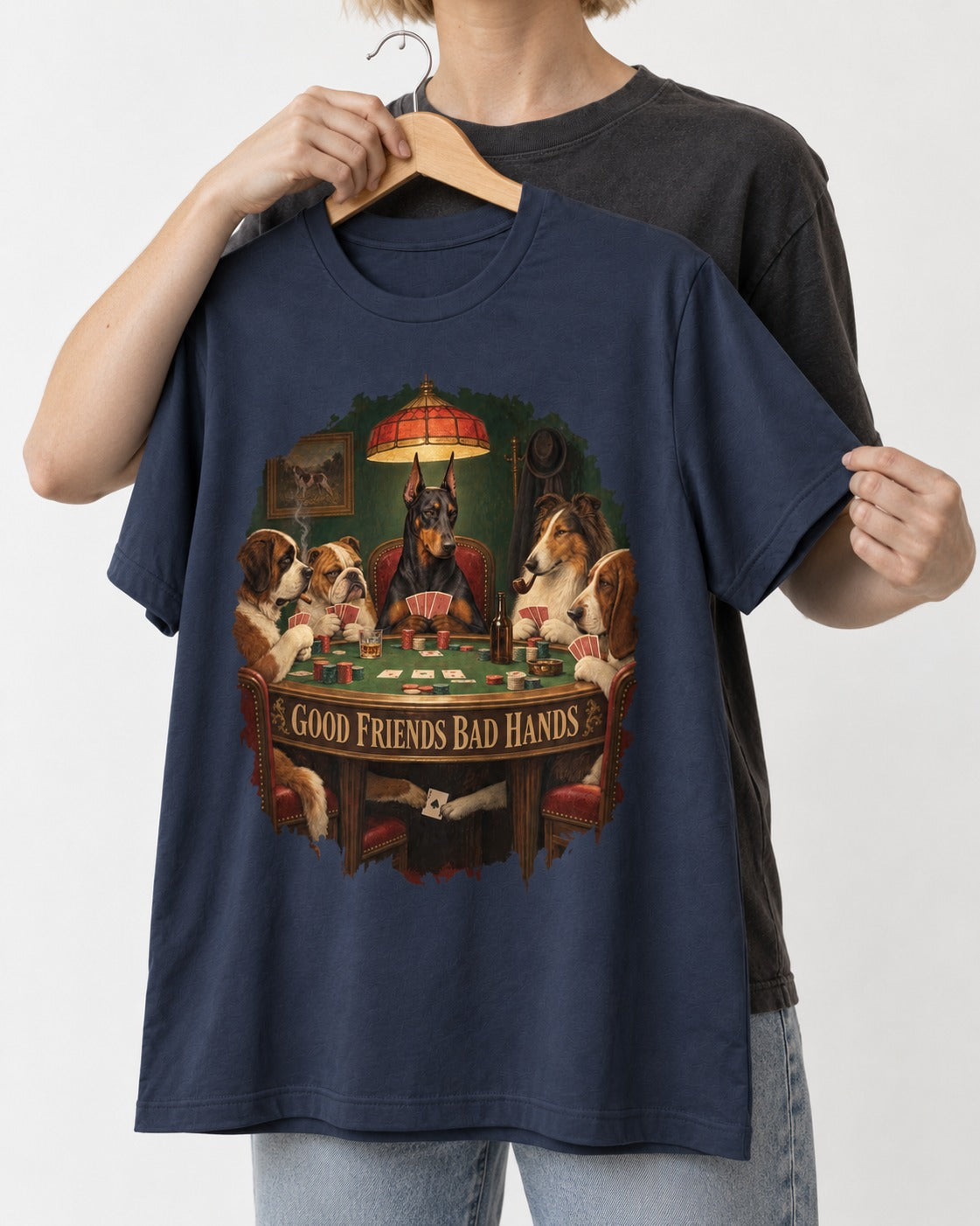 Doberman Good Friends Bad Hands Poker Night Graphic T-Shirt in Navy, held up on a hanger